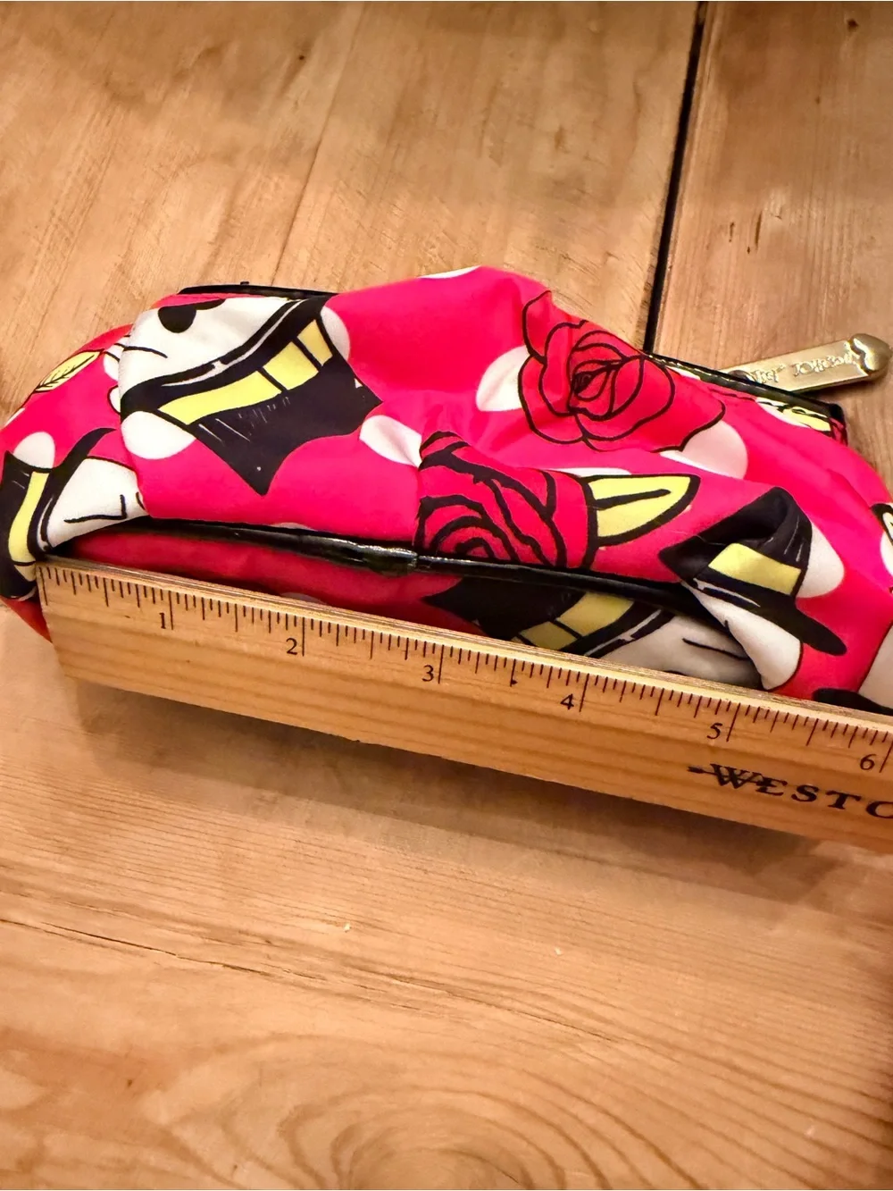 Betsey Johnson Bright Pink Black Skull & Rose Cosmetic Pouch Toiletry Bag